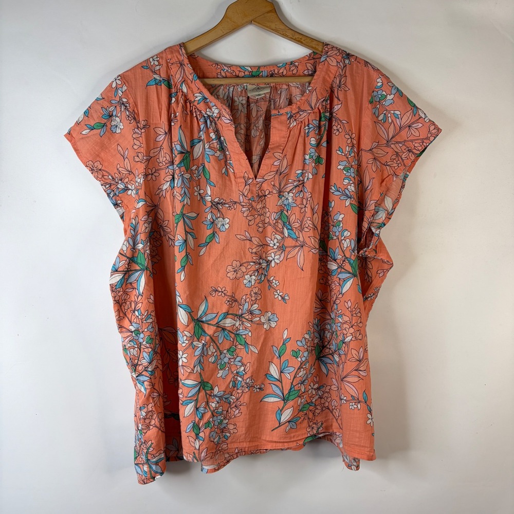 St. John's Bay Blouse Women 3X Coral Floral Split Neck Cotton Rayon Cap Sleeve